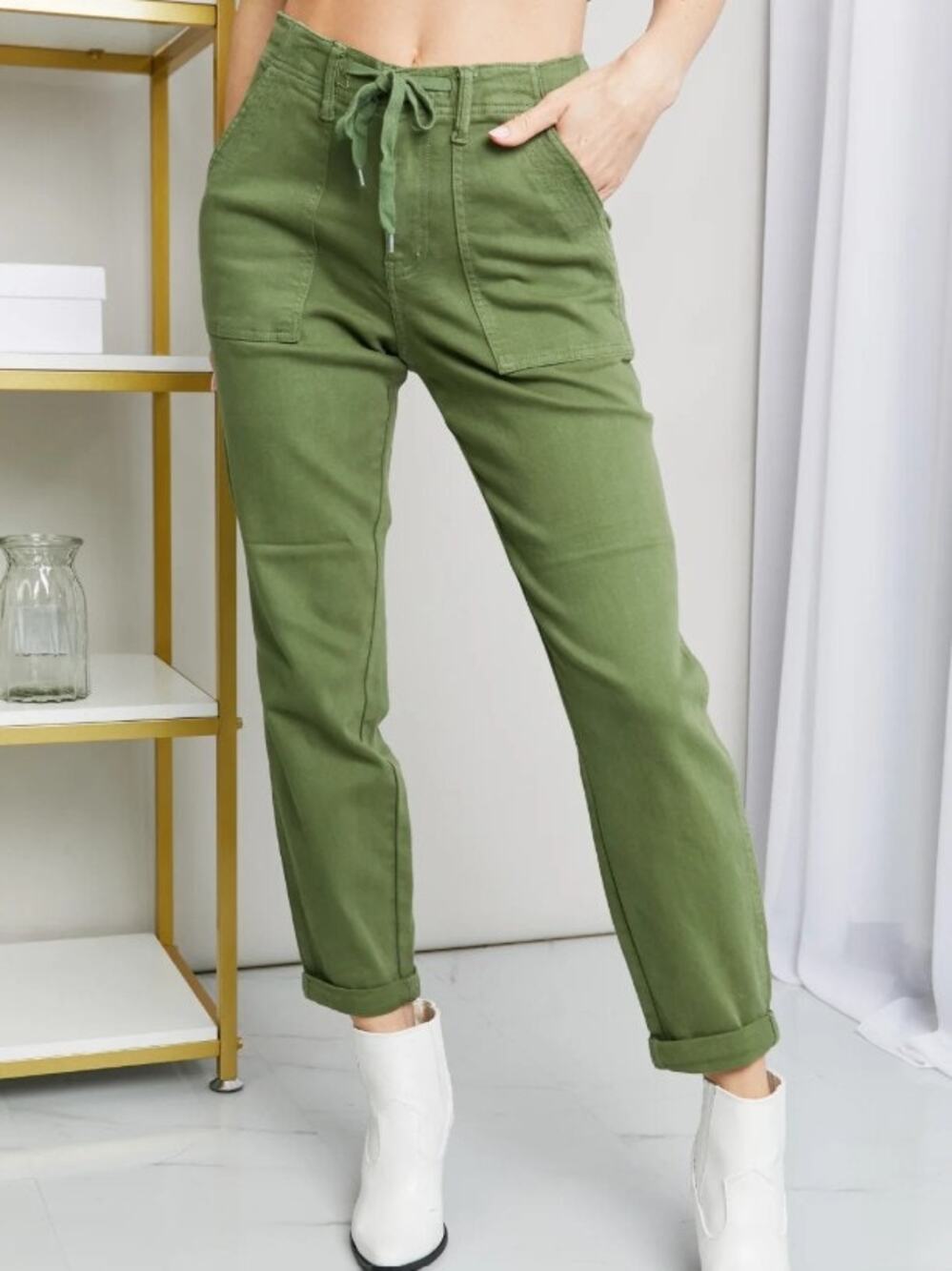 Judy Blue Jessie Drawstring Utility Pants, Olive Green, Size 11/30